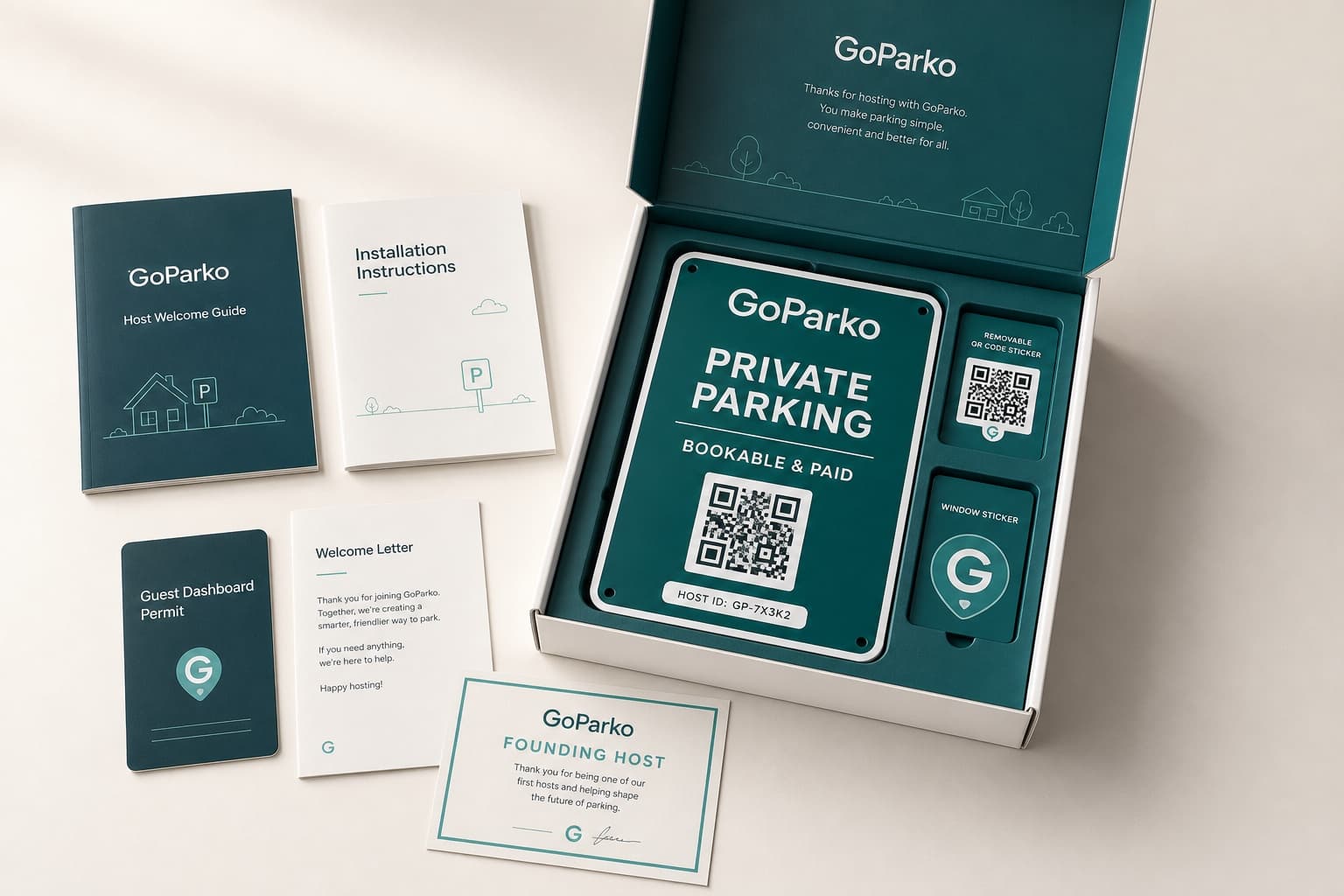 Open GoParko Host Welcome Pack with parking sign, QR sticker, guide and Founding Host certificate
